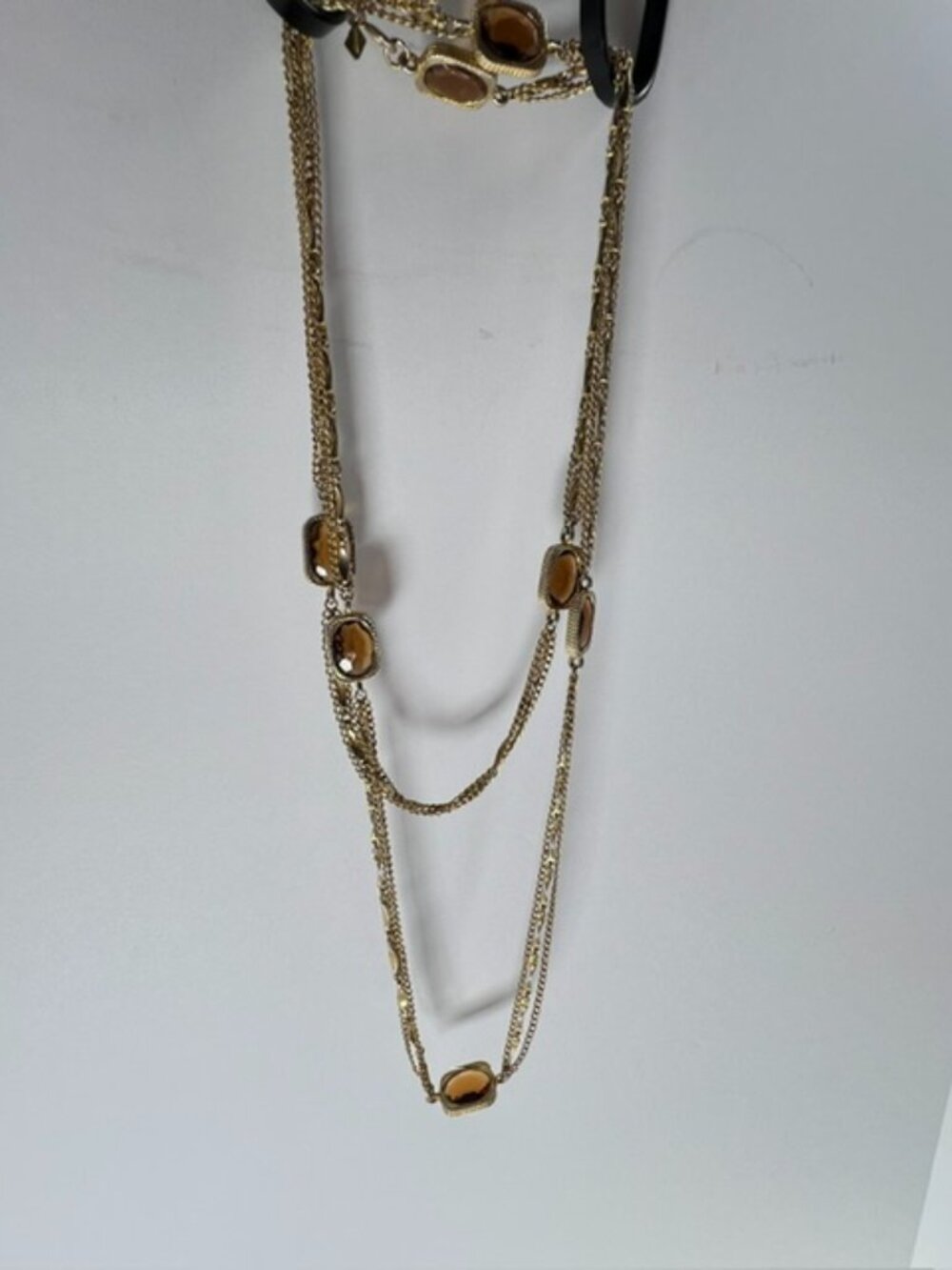 Vintage SARAH COVENTRY 53” Gold-Tone Triple Chain Necklace Amber Glass Stones - Picture 7 of 10
